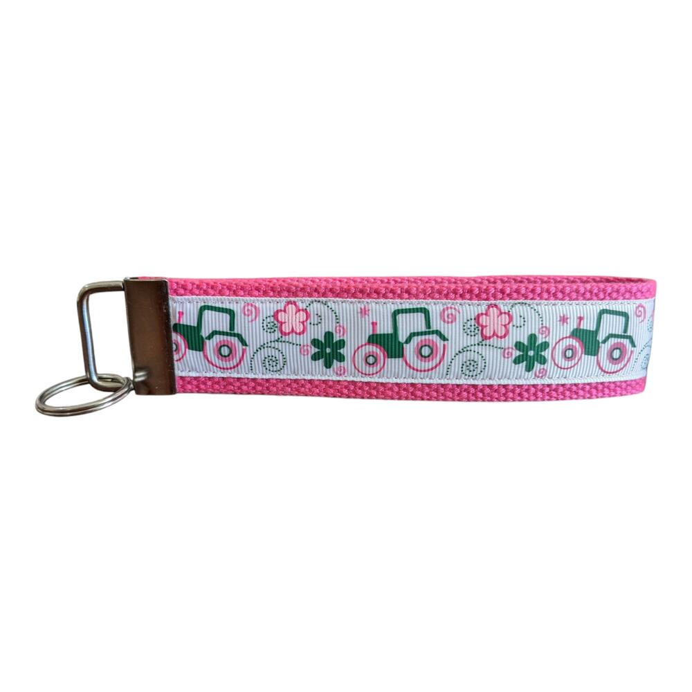 Tractor Keychain Wristlet Handmade Fabric Key FOB Floral Farmer Farm Pink Green